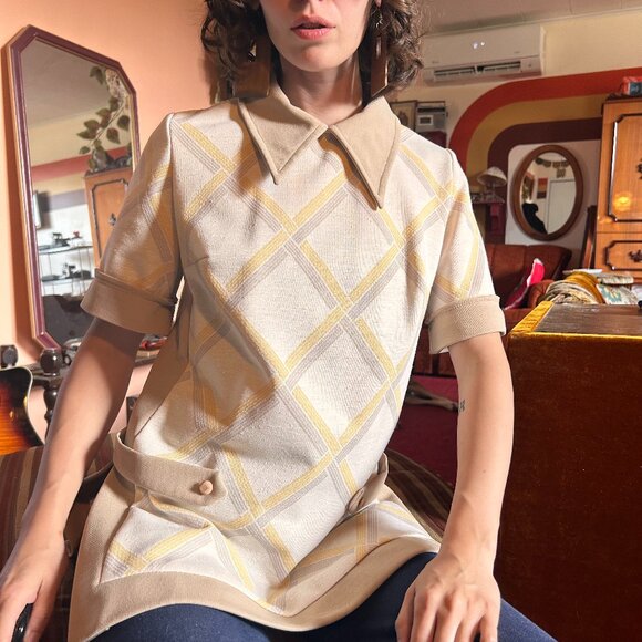 1960s MOD argyle print yellow and grey collared dagger collar short sleeved blou - Picture 5 of 10